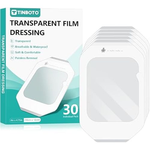 Transparent Film Dressing, 4" x 4.75" (30 Pack), Waterproof Clear Adhesive Bandages for Wound Care, IV Shield & Tattoo Aftercare