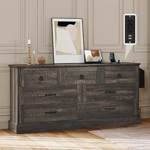 DWVO Farmhouse 7 Drawers Dresser, 59" Wide Wood Rustic Chest of Drawers with Nice Texture, Vintage Design, Storage Dressers Organizer for Living Room, Hallway, Dark Rustic Oak