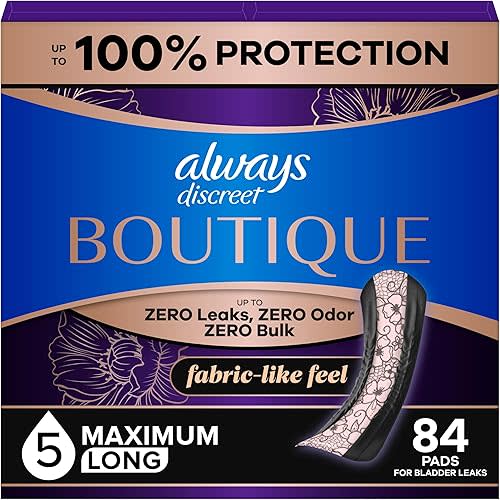 Always Discreet Boutique Adult Incontinence & Postpartum Pads For Women, Size 5, Heavy Long Abondant longues, 28 Count x 3 Packs (84 Count total) (Packaging May Vary)