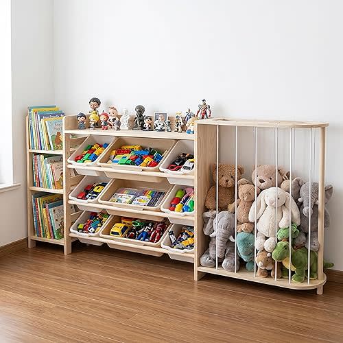 Amdermi Kid's Toy Storage Organizer with Bookcase & Plush Stuffed Animal Zoo, Multi-Bin Toy Storage Shelf for Toddlers, 4-in-1 Wooden Display Rack for Playroom, Bedroom & Nursery - Natural Wood Color