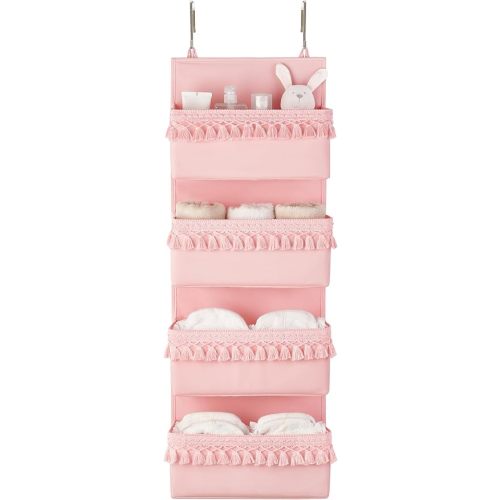 Dahey Over The Door Organizer Boho Nursery Storage Decor Closet Hanging Organizer with Tassels Decoration for Bedroom Nursery Bathroom Apartments Dorm Pantry, 4 Pockets, Pink