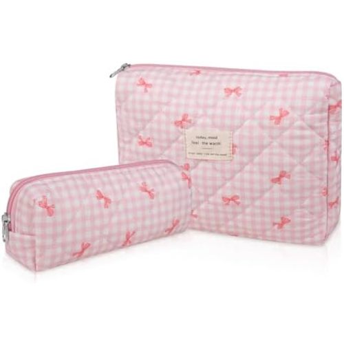 2PC Makeup Bag Set, Cute Cosmetic Bag for Women Girls, Floral Coquette Aesthetic Toiletry Bag, Travel Make Up Organizer Bag (Little Pink Butterfly)