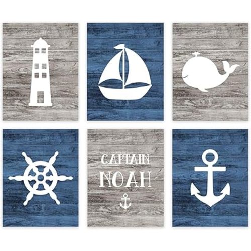 Andaz Press Personalized Ocean Nautical Sailor Theme Nursery Kids Bedroom Hanging Wall Art Decor, 8.5x11-inch, Rustic Distressed Blue Wood, Anchor, 6-Pack, Custom Name Unframed Room Poster