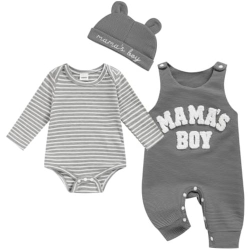 Viworld Newborn Baby Boy Clothes Mama's Boy Overalls Striped Long Sleeve Romper Hat 3Pcs Fall Winter Outfits
