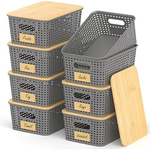 Stackable Storage Baskets: 8 Pack Plastic Baskets Bins, Gray
