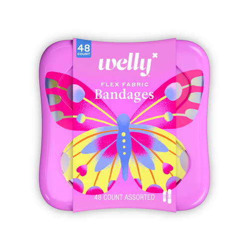 Welly Flex Fabric Bandages, Butterfly Pattern Bravery Badges for Kids, Assorted Sizes, 48 Count HSA/FSA Eligible