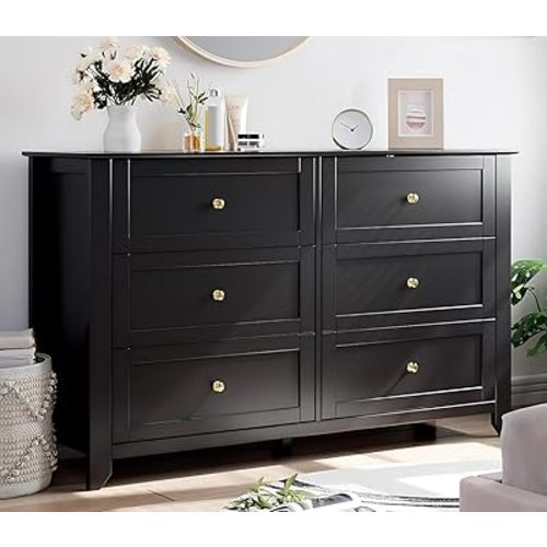 IDEALHOUSE 6 Chest of Drawer Dresser, Modern Wood Storage Organize Unit with Drawers for Bedroom, Living Room, Entryway, Black
