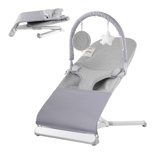VEVOR Baby Bouncer, Folding Bouncer Seat for Babies 0-9 Months, Portable Baby Bouncer Seat with 2 Reclining Angles, Rotatable Toy Bar & Carrying Bag, Ideal for Indoors Outdoors, Light Gray