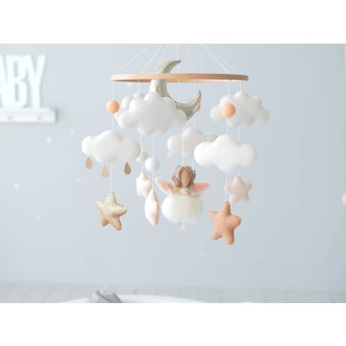 Baby Girl Mobile – Fairy Crib Mobile with Moon & Stars – Baby Girl Nursery Decor – Handmade Fairy Nursery Mobile – Baby Shower Gift