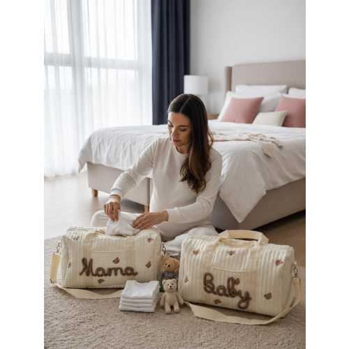 Matching Mama & Baby Name Bag - Newborn Hospital Organiser -Weekend 2x Bag Set -Pregnancy Maternity Birth Duffle Pair - Mother’s Day Gift