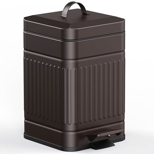 CEROELDA Small Trash Can with Lid-5L/1.3 Gal,Stainless Steel Outdoor Dog Poop Garbage Can-Farmhouse Retro Metal Waste Bin w/Step Pedal for Bathroom Bedroom Office-Soft Close-Brown