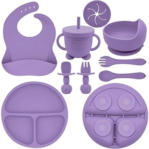 Silicone Baby Feeding Set | Baby Led Weaning Supplies Includes Suction Bowls and Divided Plates, Adjustable Bib, Baby Utensils Spoons and Forks,Cup | Baby Feeding Essentials (Purple)