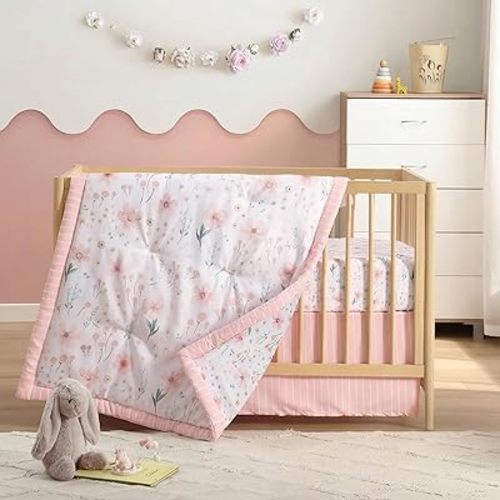 The Hōmistry 3-Piece Crib Bedding Set for Girls - Reversible Quilt, Fitted Sheet, Crib Skirt - Soft, Breathable & Durable Microfiber Baby Crib Bedding Set - Floral Theme