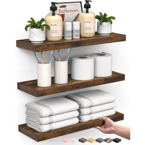 BAYKA Rustic Brown Bathroom Floating Shelves, 15.7in, 3Pk, Wall Mount Shelf