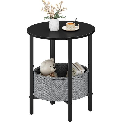 Vagusicc Round Side Table End Table with Storage Basket, Small Side Table Round Nightstand for Small Spaces, Tall Oval End Table with Steel Frame, Coffee Bedside Table for Living Room Bedroom, Black