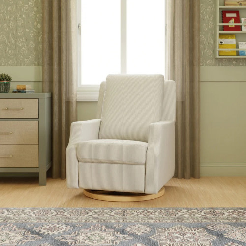 Namesake Crewe Manual Recliner and Swivel Glider - Fog Chatham Stripe Performance Eco-Weave With Light Wood Base