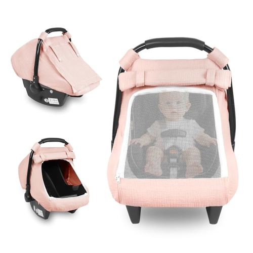 Car Seat Cover Baby, Summer Carseat Covers for Babies Girls Boys Breathable Muslin Cotton HNHUAMING Infant Car Seat Canopy with Large Mesh Window, Cozy & Windproof Newborn Stroller Cover, Pink