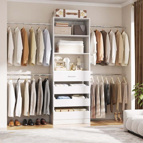 Homieasy 4-9 Ft Adjustable Wooden Closet Organizer System with 4 Drawers, 4 Hanging Rods & Shelving Towers - Heavy Duty Walk-in Wardrobe Rack, Space-Saving Design, Easy Assembly,White