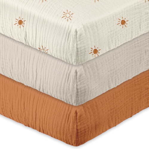 Gllquen Baby Muslin Pack N Play Cotton Mini Crib Fitted Sheets 3 Pack Soft Cozy for Baby Boys Girls, Rising