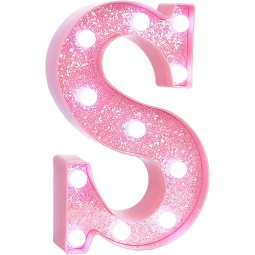 Pink Marquee Light Up Letters, Glitter Alphabet LED Letter Lights for Pink Birthday Party Decorations, Battery Operated Letter Sign for Girls Room Vanity Table Decor, Cool White Lights Letter S
