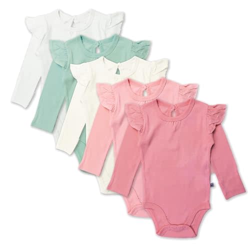 HonestBaby baby-girls 5-pack Long Sleeve Ruffle Shoulder Bodysuits 100% Organic Cotton for Infant Baby Girls