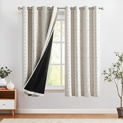 COLLACT 100% Boho Blackout Curtains for Bedroom 63 Inch Length Black on Beige Geometric Stripe Pattern Curtains for Living Room Thermal Insulated Room Darkening Drapes Grommet Window Curtains 2 Panels
