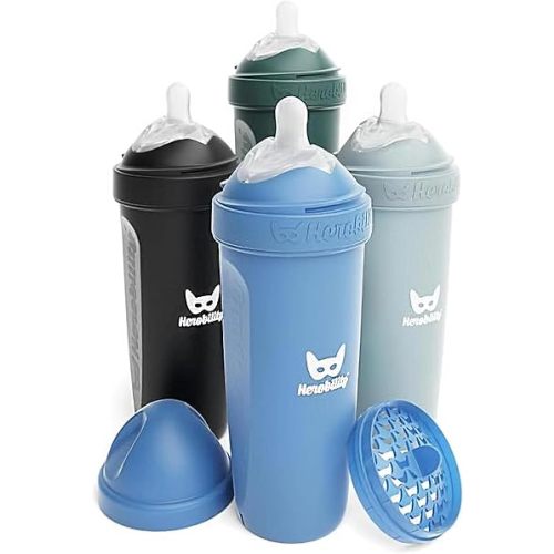 Herobility Anti-Colic Baby Bottles 12 fl oz/340ml - Pack of 4 Plastic Baby Bottles, Fast Flow Plastic Bottles, Breast-Shaped Teat for Breastfed Babies - Multicolor - Denim, Black, Dusky Green, Gray