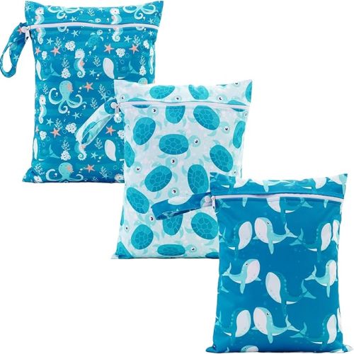 Happy Flute 3 Set Wet Bag Storage Bag Zipper Waterproof Washable Travel Bags, Beach, Pool, Gym Bag for Cloth Diaper, Swimsuits & Wet Clothes for Baby,11.8x15.7inch