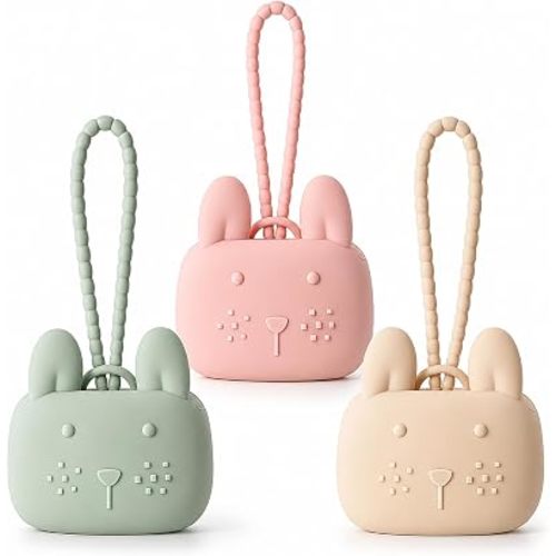 ROCCED Pacifier Holder Case Silicone Bunny Design Pacifiers Pouch with Soft Silicone Strap, Travel Storage for Stroller & Diaper Bag, Pacifier Holder Pouch for Baby, Set of 3 Beige Dusty Green Pink