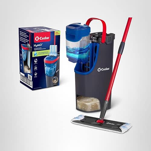 O-Cedar H2prO Flat Mop and Bucket with Dual-Tank Hands-Free Wringing System | Long Handle, Microfiber Pads, Hardwood, Laminate, Vinyl | Wet & Dry Use
