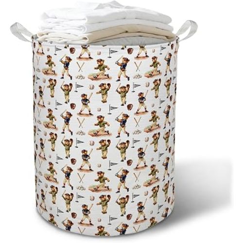 Baseball Teddy Bear Laundry Basket Hamper,Sports Bear Foldable Clothes Toys Books Storage Box Bins Baskets Organizer for Nursery Kids Room Bathroom Home