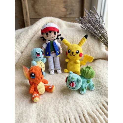 Pokemon Crochet Doll Set – Ash Ketchum & Pikachu with Charmander, Squirtle, Bulbasaur – Handmade Amigurumi Plush – Anime Nursery Decor Gift
