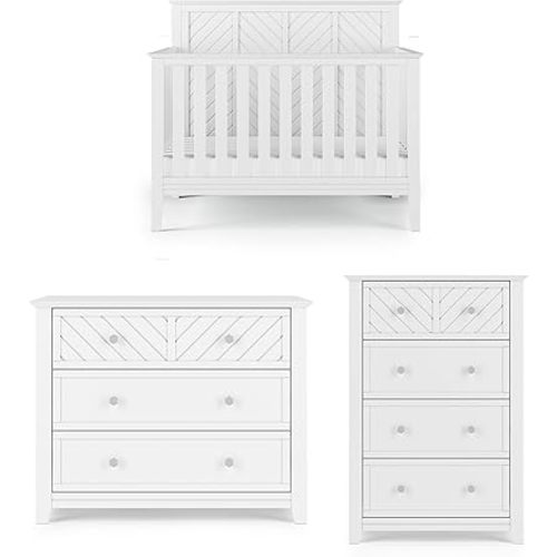 Child Craft Atwood Design 4-in-1 Convertible Baby Crib Nursery Furniture Set, Baby Bed, 3 Drawer Dresser and Chest Drawer, for Babies, Toddlers and Kids Bedroom (3 Piece - Matte White)