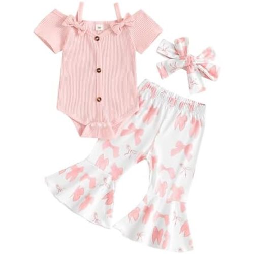 Fernvia Infant Baby Girl Clothes Suspenders Short Sleeve Ribbed Romper Flared Pants Set Headband 3pcs Summer Outfit