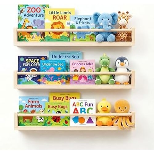Set of 3 Kids Floating Bookshelves Natural – 24 Inch Wall Mounted Nursery Book Shelves with Safety Rail – Ideal Storage & Display Shelf for Nursery, Bedroom, and Playroom