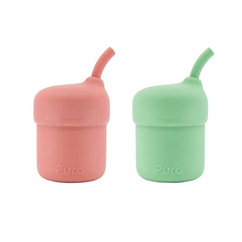 Pura my-my Silicone Straw Cup| Spill Proof, Reusable, Food Grade Silicone, Plastic-Free | For Kids, Toddlers, Babies & Infants - 2 Pack Rose & Moss
