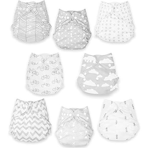 Grey Clouds Cloth Diapers (Updated Quality) – 8 Reusable Cloth Diapers for Babies with 8 Cloth Diaper Inserts – Extra Leg Lining for Boys
