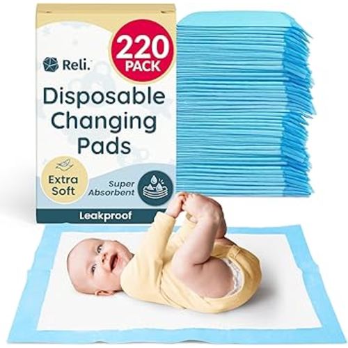 Reli. Disposable Changing Pads for Baby (220 Pack) | Disposable Diaper Changing Pads, 13" x 18" | Super Absorbent, Leak-Proof Liners | Waterproof, Quick Dry Underpads (Blue/White)