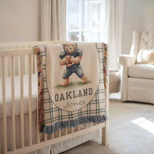Personalized Vintage Sport Theme Bear Boy Blanket, Football Woven Baby Blanket, Sport Boy Teddy Bear Nursery,Heirloom Newborn Name Blanket
