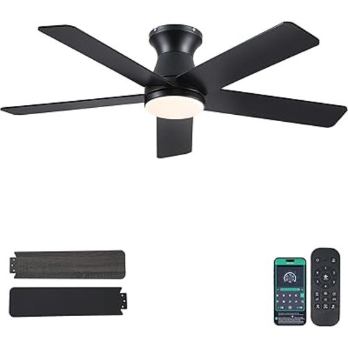 Ventiladores de techo de perfil bajo de 46 pulgadas con luces y control remoto, luz negra para ventilador de techo interior con motor CC reversible silencioso, ventiladores de techo modernos