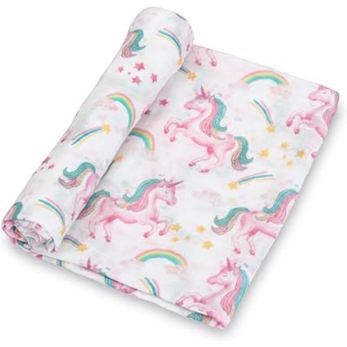 LollyBanks Muslin Swaddle Blanket, 100% Cotton Soft Baby Blankets for Girls, 47 x 47 Inches Lightweight and Breathable Newborn Receiving Blankets, Newborn Essentials Must Haves (Unicorn Print)