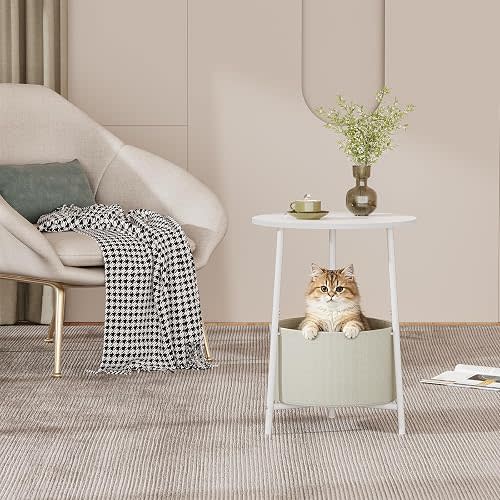 Small Round Side Table, Modern Nightstand with Fabric Basket, Small End Table 2-Tier Night Stand, Sofa Corner Table for Living Room, Bedroom, Patio and More, 20.3 in Tall White