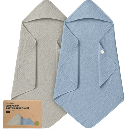 2pk Lyra Muslin Baby Towels with Hoods for Girl, Boy, Soft, Absorbent, Cotton Hooded Baby Bath Towels