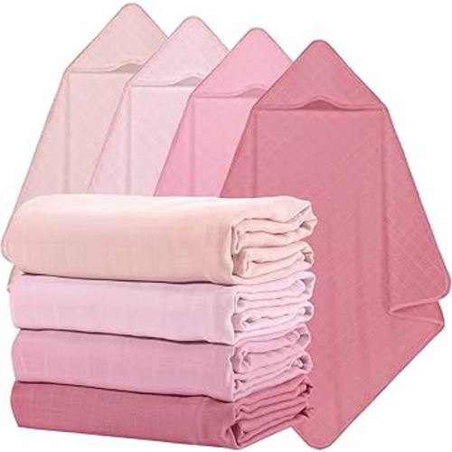 Preboun 4 Pcs Muslin Hooded Baby Towels,32"x 32" Cotton Newborn Bath Towel Muslin Infant Baby Blankets Absorbent Unisex Newborn Registry Gift for Girls Boys(Brown Series)