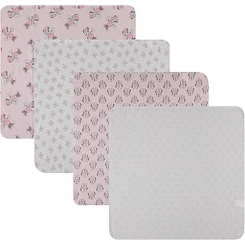 Disney Baby 4-Pack Receiving Blankets — 100% Cotton Flannel, 28" x 28" — Available in Mickey, Minnie, Pooh, Stitch or Angel — Soft Swaddle, Burp & Stroller Blankets — Gift-Ready with Ribbon Bow