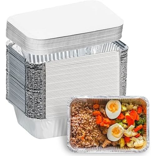 Aluminum Pans with Lids (50-Pack, 8.5"×6") 2.25 LB Capacity Foil Food Containers with Lids - 50 Pans and 50 Cardboard Covers - Disposable Tin Foil Pans - for Baking, Meal Prep and Freezer, Takeout