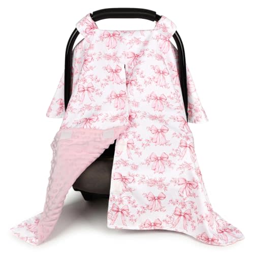 Baby Car Seat Cover, Soft Minky Warm Winter Car Seat Canopy for Infants & Toddlers, Opening with Adjustable Strap, Breathable Nursing Cover & Stroller Blanket, Bow Flowers (Fits Most Car Seats)