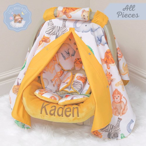 Yellow Jungle Animals Baby Car Seat Cover Accessories Set: Personalized Baby Car Seat Canopy, Insert Cushions - FREE SHIPPING