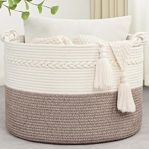 67L Large Blanket Basket, 20"x13" Woven Storage Baskets With Handle, Cotton Rope Blanket Basket Living Room, Baby Laundry hamper for Blanket, Nursery, Toy, Pillow (White & Oatmeal)