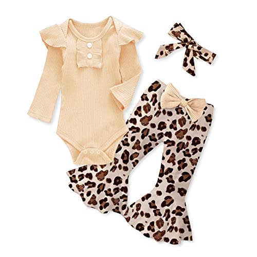 Kislio Newborn Baby Girls Clothes Ribbed Ruffled Romper+Floral Pants+Headband Infant Outfit Set